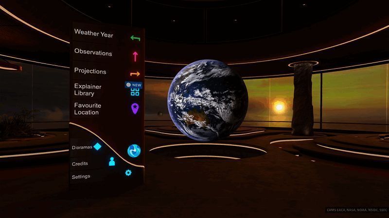 《气象档案馆》主界面展示,背景为动态变化的地球模型,界面中央显示项目LOGO