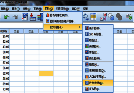 SPSS图形菜单展开,用户正在选择散点图类型