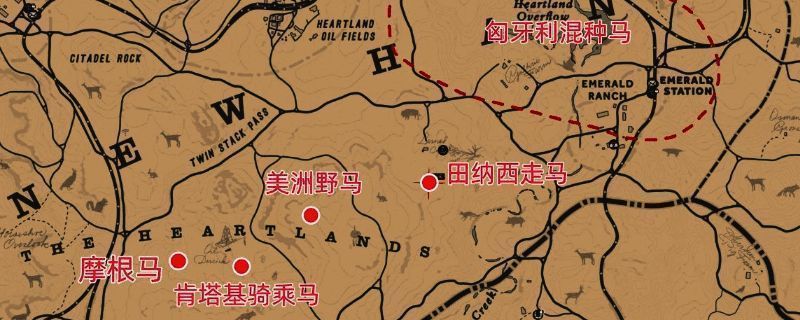 大地之心区域地图截图，标注多个野马刷新点