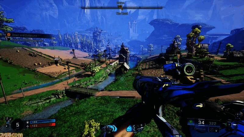 《无主之地4》场景截图,荒野城市与高科技设施交错的未来风格