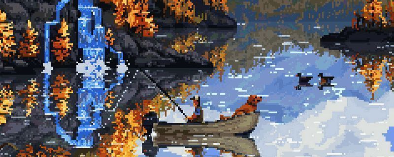 游戏主界面展示，背景为宁静湖泊与钓鱼场景