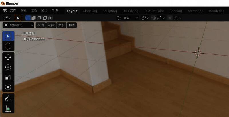 Blender软件启动后的主界面，左侧为工具栏，中间为3D视图窗口
