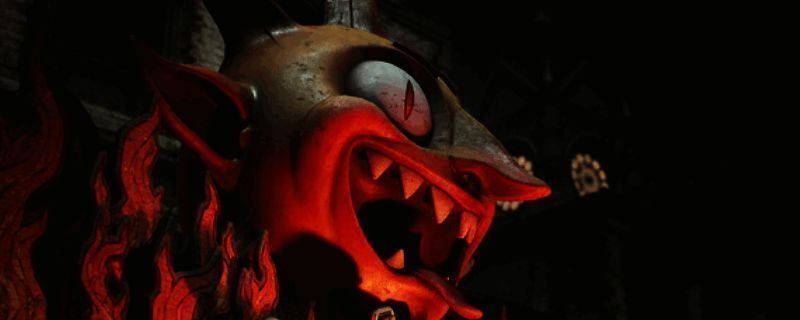 《炼魂之地：神偶剧院》游戏封面图，展示主角手持武器面对神秘木偶的紧张对峙场景