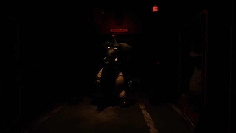 《玩具熊的五夜后宫:模仿者的秘密》游戏场景截图,显示一扇紧闭的大门与昏暗的走廊环境