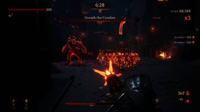 游戏中激烈战斗场景，角色使用火焰喷射器对抗巨型恶魔