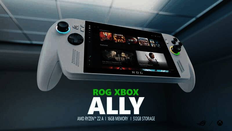 ROG Xbox Ally掌机外观展示，手持设备正面屏幕亮起，整体设计紧凑科技感十足