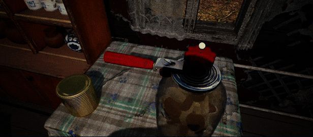 厨房场景中玩家正在将蘑菇放入玻璃罐中腌制，桌上摆满香料瓶