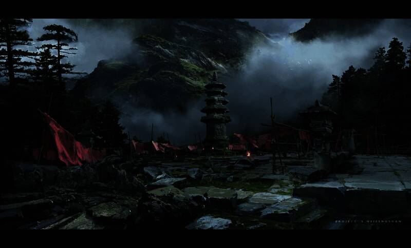 《黑神话:悟空》狮驼岭地形概念图,山脉崎岖,道路蜿蜒深入未知区域