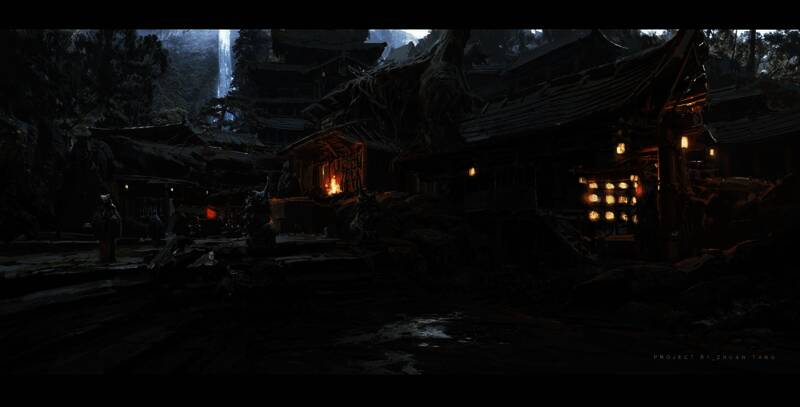 《黑神话:悟空》战斗场景设定图,角色挥舞武器,背景充满危机感