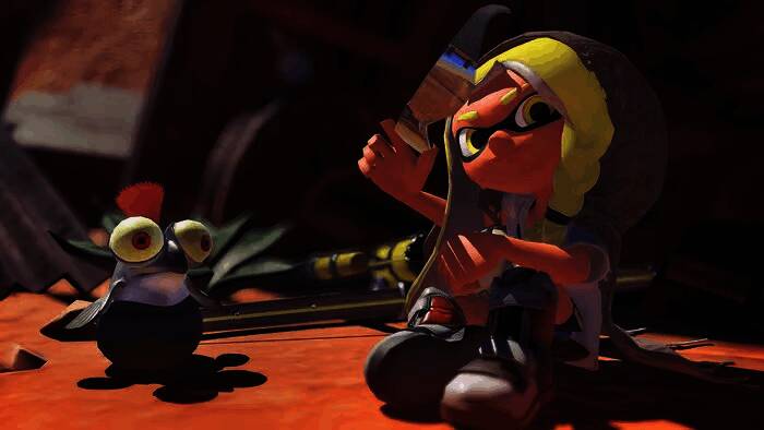 《斯普拉遁3》游戏内对战界面，展现双方角色激烈交锋的场景