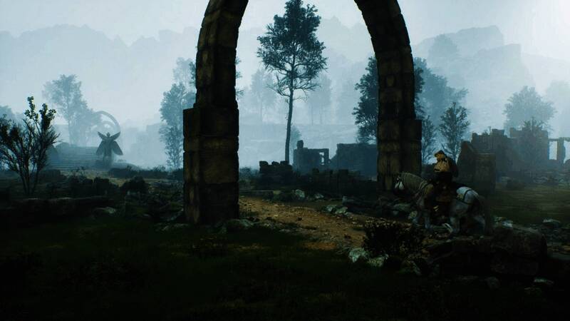 角色在森林中狩猎猛兽,背景是阳光透过树叶洒落林间