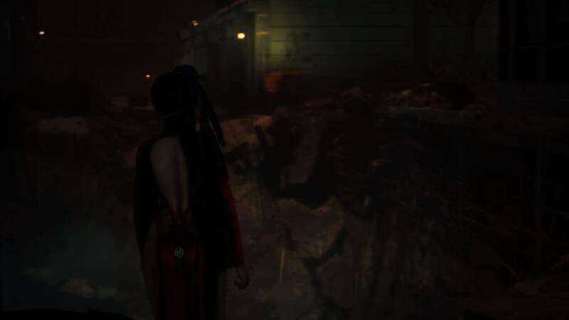 废墟战场全景，烟尘弥漫，远处敌人清晰可见，画面层次分明