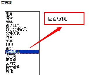 自动完成设置页面特写,自动缩进选项已勾选