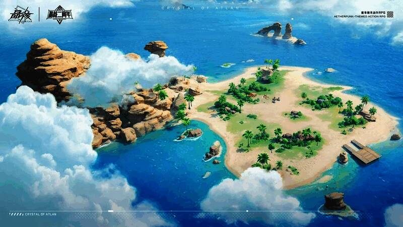 《晶核》家园系统概念图,岛屿上建有小屋、花园与装饰建筑,角色在岛上自由探索与布置