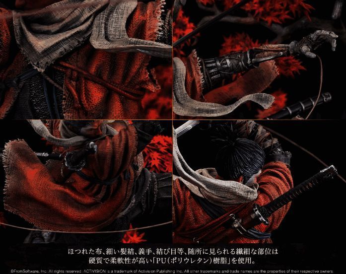 雕像底座细节图，红叶飘落与碎石地面纹理栩栩如生