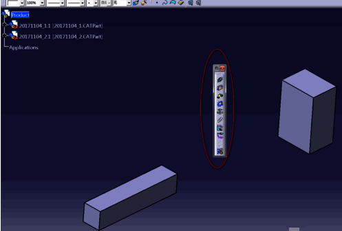 Catia右侧工具栏展开，显示约束命令面板
