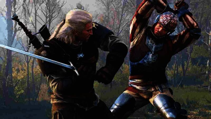 杰洛特战斗动作捕捉现场，演员身着动捕服正在进行挥剑动作演示