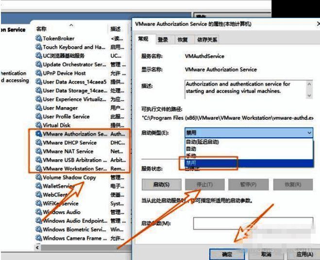VMware服务属性设置界面