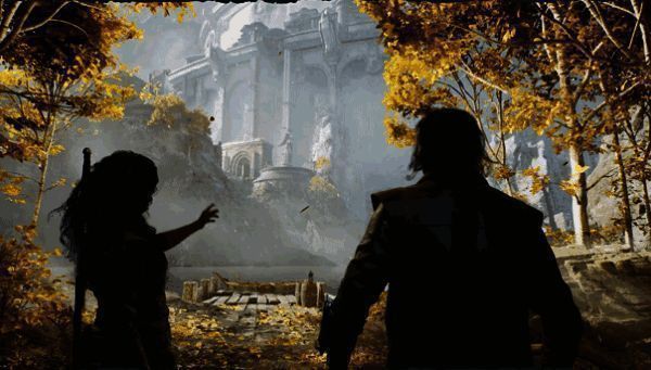 琳恩与阿伯拉姆并肩而行,背景是古代遗迹与战争废墟