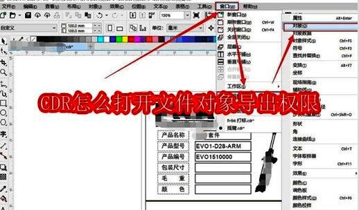 CorelDRAW软件界面顶部菜单栏展示窗口选项及泊坞窗中的对象按钮