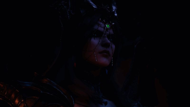 黑暗女士立绘展示，身着华丽暗金战袍，背景弥漫神秘龙族气息