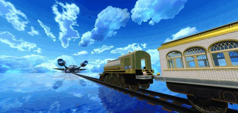 蛋仔列车驶向曙光,远方是宏伟的飞船基地,整体画面充满希望感