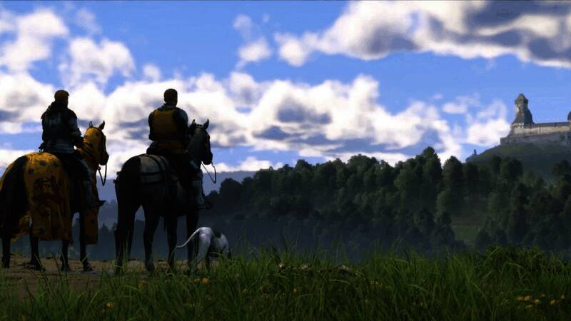 战马工作室CEO在发布会上致辞,背景屏幕上播放《天国:拯救2》预告片片段