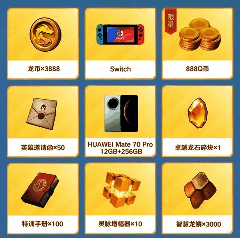任务系统抽奖界面,展示华为Mate70 Pro、Switch等实物奖品选项