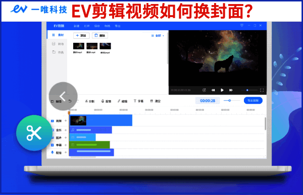 EV剪辑软件主界面，左上角显示添加按钮位置