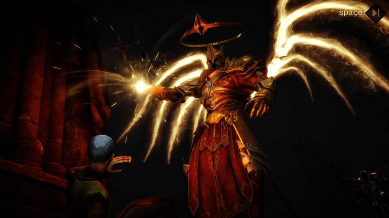 艾伯莱希特借由‘艾伯莱希特之眼’向冒险者展示未来的恐怖画面,高阶天堂与烈焰地狱共同摧毁庇护之地