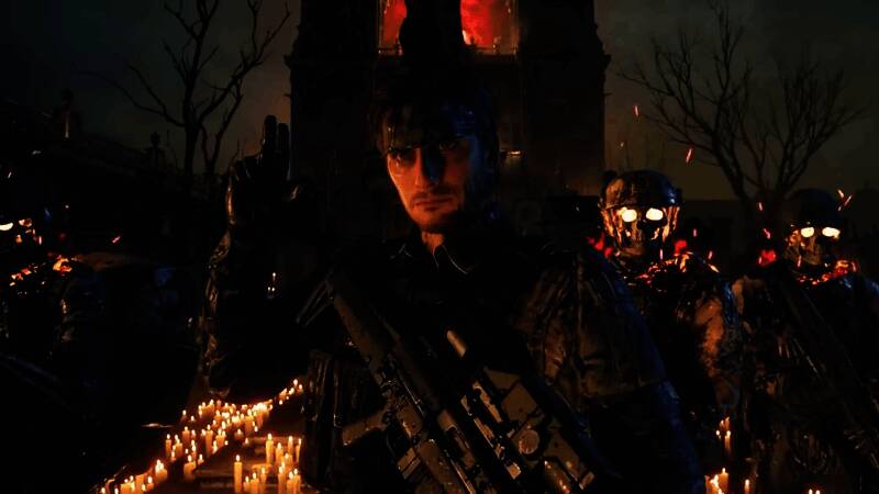 小岛秀夫正在工作室中与团队成员讨论游戏开发细节,神情专注