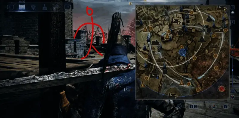 山妖1与流刑士兵在高台上围攻角色,技能特效交织