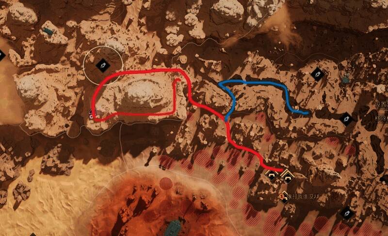 绿色悬浮球为裂谷出入口，蓝线标记路径上有多个采集设施