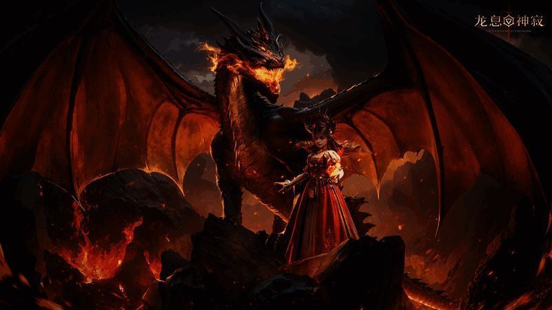 黑暗女士与远古遗迹互动画面,背景光影交错,氛围神秘深邃