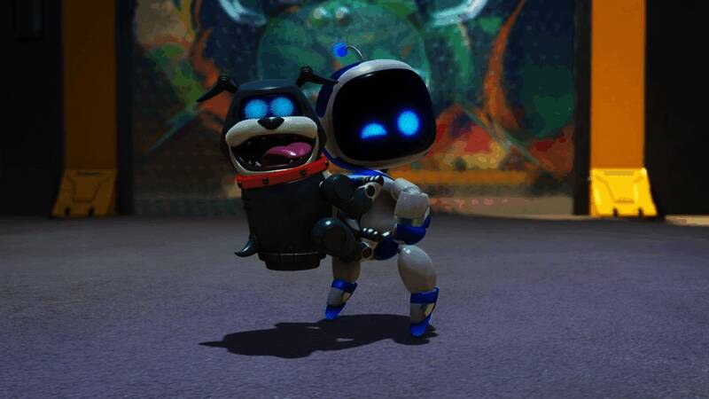 索尼高管赫尔曼·赫尔斯特在PlayStation业务发布会上发表讲话，背景为《宇宙机器人》游戏画面