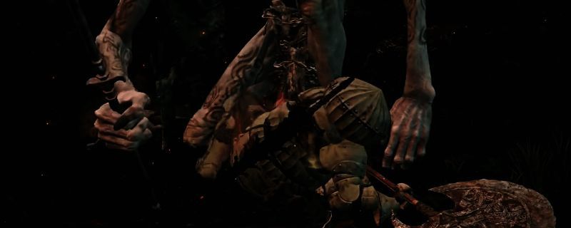 无赖职业手持重型武器,身穿厚重铠甲,在黑暗风格场景中与巨型Boss激烈对战