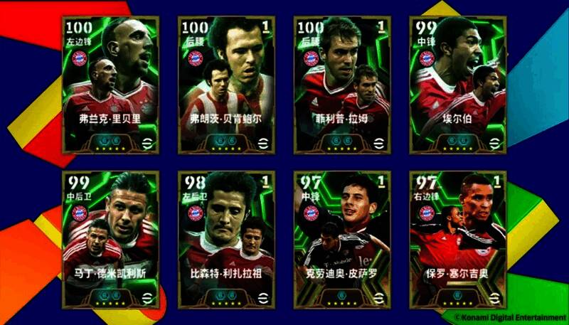 游戏中球员形象展示，包括多位拜仁传奇球员