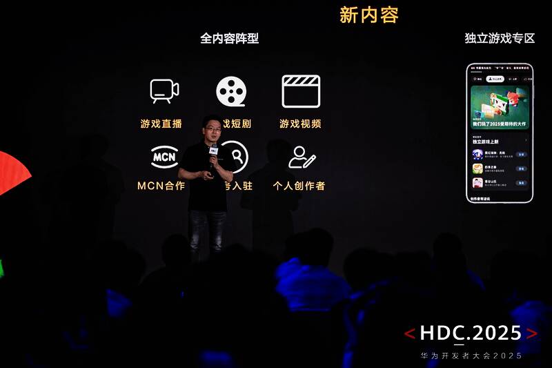 华为游戏中心内容社区界面示意图，展示游戏测评与资讯