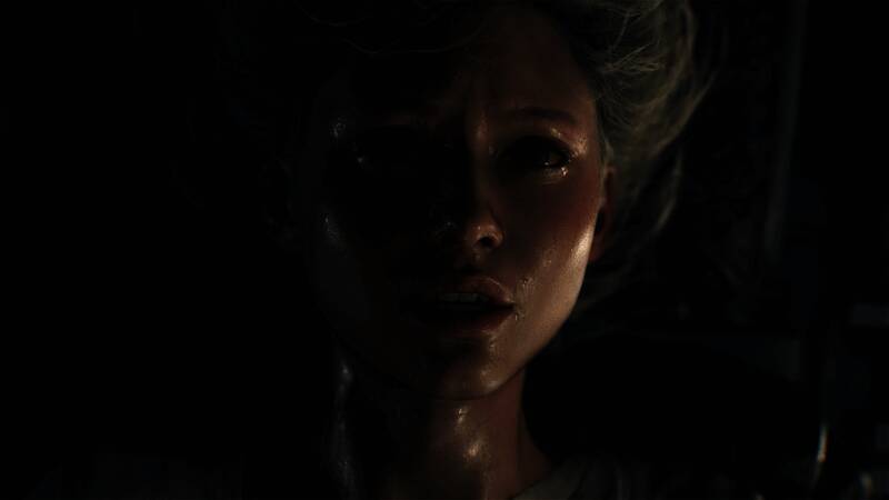 主角面部特写，清晰展现汗水、眼神中的恐惧与坚定