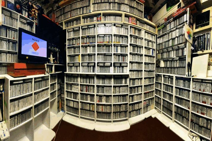 日本玩家展示其庞大的PS游戏收藏，柜中摆满各类游戏卡带和光盘