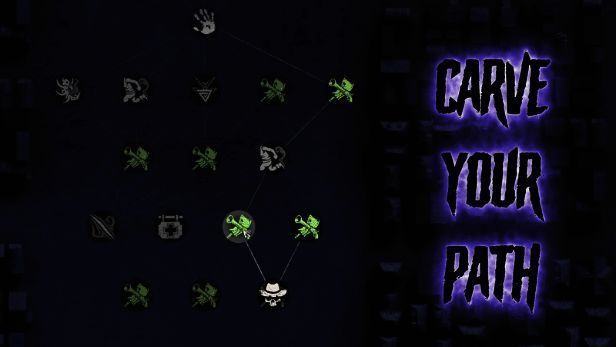 玩家角色背着大量物资穿越废墟,远处有怪物阴影逼近