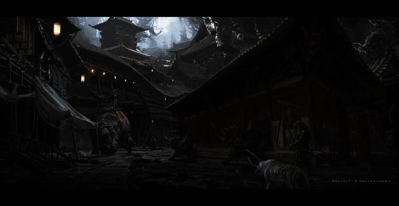 狮驼岭概念图,展现阴森森林与远方城池的远景