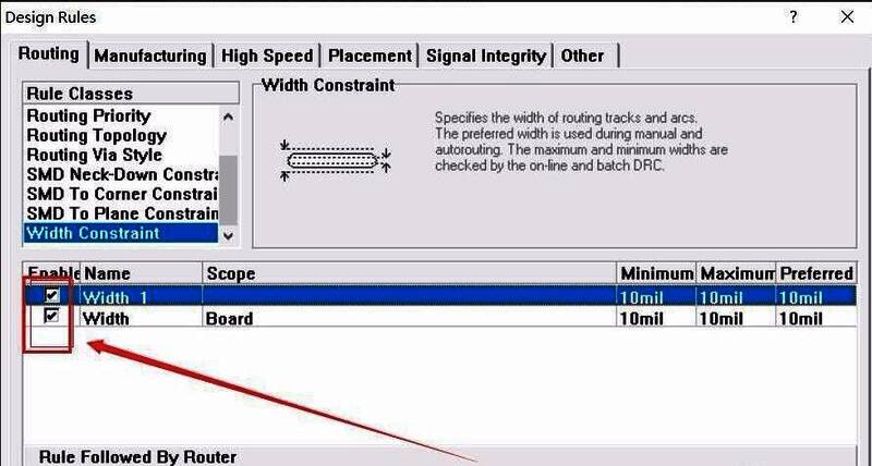 规则主界面显示新增的线宽规则条目，包括对应的网络名称和线宽值