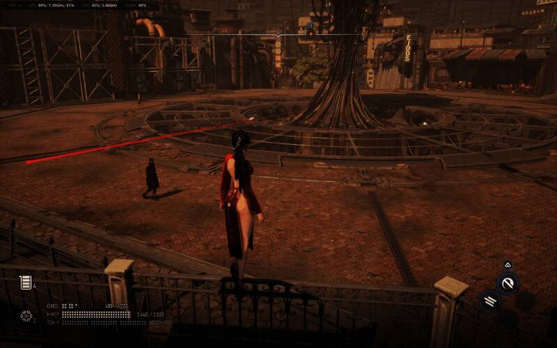 记忆广场中一棵大树下的店铺外观，周围环境静谧且充满复古气息