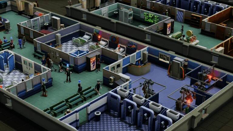 游戏中玩家正在管理医院,界面显示多个科室和员工配置选项