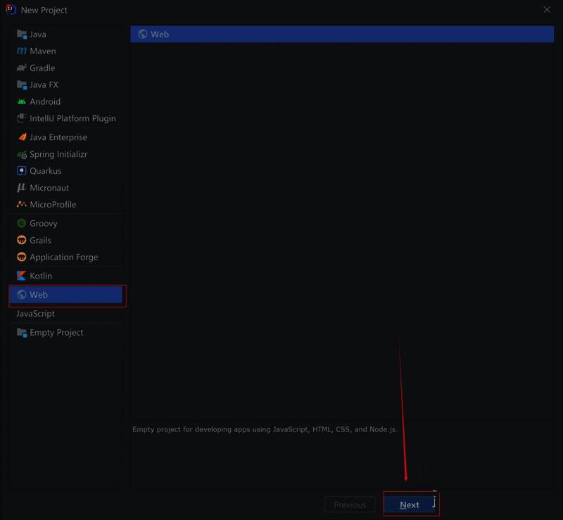 选择Web项目模板界面,突出显示静态Web选项