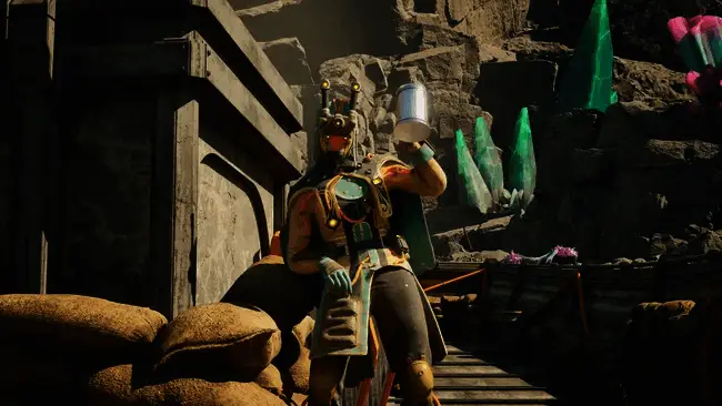 游戏场景截图，展现阴暗科幻氛围下的角色对话界面