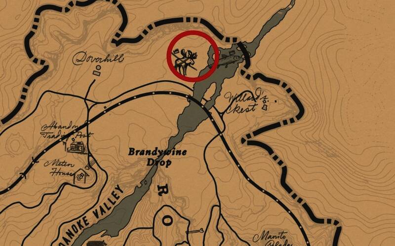 地图上标记的传说驼鹿具体位置,位于夏洛特小屋左上方