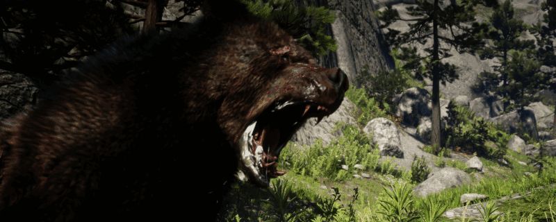 游戏内狩猎场景截图,角色手持武器站在雪地山林间,远处可见巨大灰熊身影