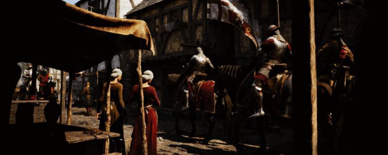 游戏中玩家扮演角色在中世纪战场上挥剑作战，背景是燃烧的城堡与硝烟弥漫的战场